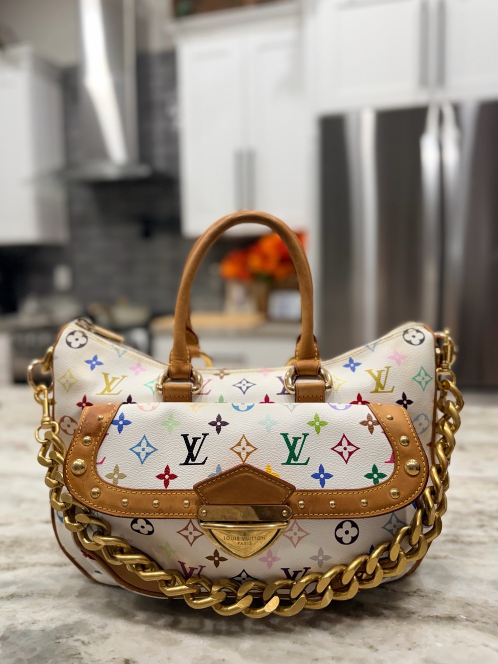 Louis Vuitton Authentic White Multicolored Monogram Leather/Studded Bag